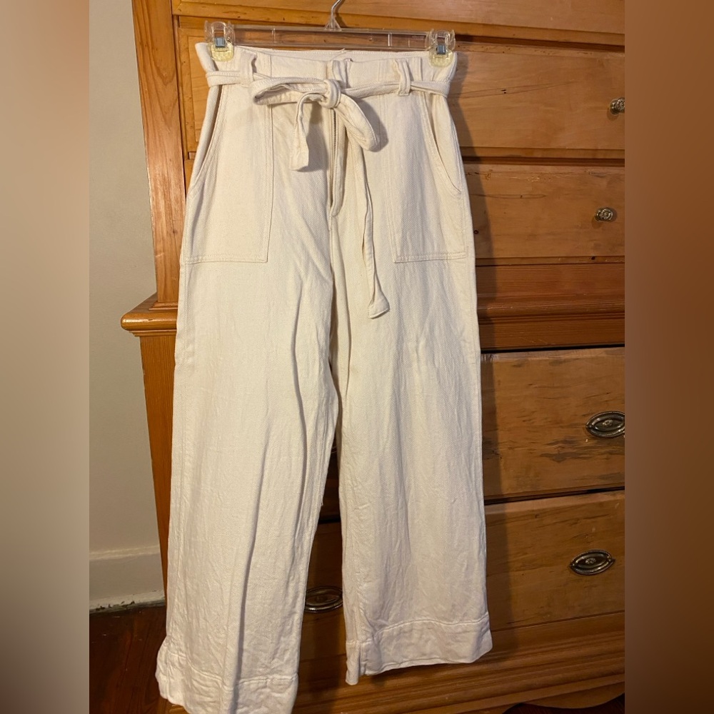 Free People High Waist Belted Off White Cotton Pants